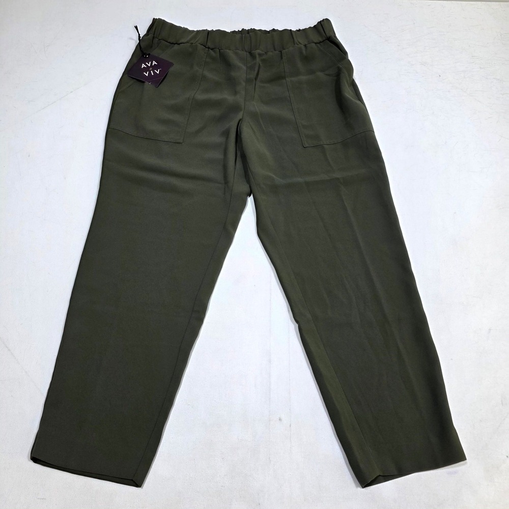 Ava & Viv Pants Womens X Olive Green Elastic Waist Straight Leg Trousers NEW